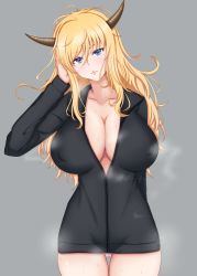 Rule 34 | 1girl, absurdres, artist request, bare legs, blonde hair, blue eyes, blush, breasts, covered erect nipples, curvy, highres, horns, large breasts, long hair, looking at viewer, onizaki kirara, panties, pink panties, shiny skin, solo, standing, sweat, sweater, taimanin (series), taimanin rpgx, underwear, unzipped, upper body