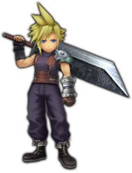 Rule 34 | 1990s (style), 1boy, 3d, armor, blonde hair, blue eyes, boots, cloud strife, final fantasy, final fantasy explorers, final fantasy vii, full body, huge weapon, male focus, official art, pauldrons, shoulder armor, sleeveless, solo, spiked hair, square enix, sword, weapon