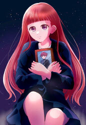 Rule 34 | 1girl, babel ii, black shirt, blunt bangs, crossed arms, crying, crying with eyes open, furumi yumiko, holding, holding photo, long hair, night, night sky, outdoors, photo (object), purple eyes, red hair, shirt, sitting, sky, solo, star (sky), starry sky, tears, very long hair