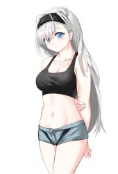 Rule 34 | 1girl, animal ears, arknights, arms behind back, aurora (arknights), bare arms, bare shoulders, bear ears, black hairband, black tank top, blue eyes, blush, breasts, cleavage, collarbone, commentary, cowboy shot, crop top, grey shorts, groin, hairband, large breasts, long hair, looking at viewer, midriff, navel, neti (cpu11151), short shorts, shorts, simple background, smile, solo, standing, stomach, tank top, thighs, very long hair, white background, white hair