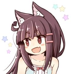 Rule 34 | 1girl, :d, ahoge, animal ear fluff, animal ears, bare shoulders, blue dress, blunt bangs, blush stickers, bow, brown eyes, brown hair, cat ears, chinchin kemokemo, collarbone, commentary request, dress, fang, fujisaki yuu, hair ornament, hairclip, looking away, looking to the side, narugami yuzuriha, open mouth, red bow, short eyebrows, simple background, sleeveless, sleeveless dress, smile, solo, star (symbol), starry background, thick eyebrows, upper body, white background