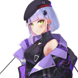 Rule 34 | 1girl, alternate costume, bare shoulders, beret, black hat, black jacket, blunt bangs, blush, braid, breasts, closed mouth, clothes writing, cross hair ornament, earrings, facial mark, french braid, from side, girls&#039; frontline, green eyes, hair ornament, hat, hk416 (girls&#039; frontline), jacket, jewelry, large breasts, looking at viewer, looking to the side, medium breasts, multicolored hair, off shoulder, open clothes, open jacket, pink hair, ranyu, short hair, sideboob, silver hair, solo, two-tone hair, underbust, upper body