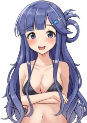 Rule 34 | 1girl, :d, arms under breasts, asari nanami, bare arms, bare shoulders, bikini, black bikini, blue eyes, blue hair, blush, breasts, cleavage, collarbone, commentary, crossed arms, fish hair ornament, hair ornament, hair rings, hairclip, highres, idolmaster, idolmaster cinderella girls, idolmaster cinderella girls starlight stage, long hair, looking at viewer, medium breasts, mitsumine raimu, navel, open mouth, simple background, smile, solo, swimsuit, teeth, upper body, upper teeth only, very long hair, white background