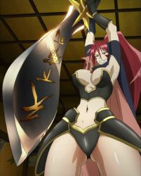 Rule 34 | 10s, 1girl, armor, armpits, arms up, breasts, foreshortening, from below, grin, highres, huge breasts, large breasts, navel, oda nobunaga (sengoku otome), ponytail, red hair, screencap, sengoku otome, smile, solo, stitched, sword, third-party edit, weapon