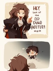 Rule 34 | ..., 1boy, 1girl, alternate eye color, antennae, arthropod limbs, belt, black coat, black pants, black vest, brown eyes, brown hair, bug, chibi, coat, cockroach, collared shirt, commentary, english commentary, english text, glasses, gregor (project moon), highres, id card, insect, leaf, limbus company, long hair, mipoyos, necktie, open clothes, open coat, pants, pointing, ponytail, project moon, red necktie, rodion (project moon), semi-rimless eyewear, shirt, short hair, signature, sound effects, speech bubble, tearing up, tears, vest, white shirt