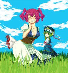 Rule 34 | 2girls, arm behind back, blush, bouquet, breasts, cleavage, closed eyes, cloud, day, female focus, finger to face, flower, green eyes, green hair, grin, hair bobbles, hair ornament, hand on own cheek, hand on own face, hat, highres, ibe (artist), ibe yukiharu, large breasts, multiple girls, nature, onozuka komachi, outdoors, red hair, rod of remorse, shiki eiki, sky, smile, spider lily, touhou, twintails, two side up