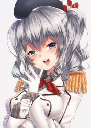 Rule 34 | 10s, 1girl, beret, blue eyes, blush, breasts, epaulettes, female focus, gloves, hat, kantai collection, kashima (kancolle), keita (tundereyuina), large breasts, long hair, looking at viewer, military, military uniform, open mouth, sidelocks, silver hair, smile, solo, twintails, uniform, wavy hair, white gloves