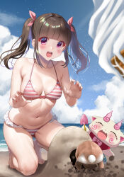 Rule 34 | 1girl, absurdres, akihiro0920, bikini, blue sky, blunt bangs, breasts, brown hair, cloud, commentary request, day, food, frilled bikini, frills, highres, ice cream, kneeling, long hair, medium breasts, open mouth, original, outdoors, rabbit, red eyes, round teeth, sand, sky, soft serve, striped bikini, striped clothes, swimsuit, teeth, traditional youkai, trowel, twintails, upper teeth only