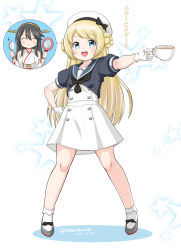 Rule 34 | 2girls, alternate hairstyle, blonde hair, blue eyes, blue sailor collar, commentary request, cup, dated, double bun, dress, full body, gloves, hair brush, hair bun, hand mirror, haruna (kancolle), hat, holding, inset, jervis (kancolle), kantai collection, long hair, looking at viewer, mary janes, masara (chuujou), mirror, multiple girls, one-hour drawing challenge, sailor collar, sailor dress, sailor hat, shoes, smile, star (symbol), starry background, teacup, twitter username, white background, white dress, white gloves, white headwear
