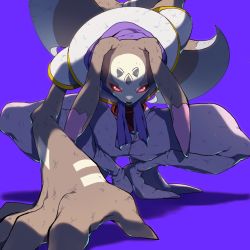 Rule 34 | 1boy, andiramon (deva), animal ears, arm blade, artist request, deva (digimon), digimon, digimon (creature), expressionless, glowing, glowing eyes, highres, injury, necktie, no humans, outdoors, outstretched arms, purple necktie, rabbit ears, red eyes, solo, spikes, squatting, standing, weapon