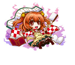 Rule 34 | 1girl, apron, bell, book, character name, checkered clothes, checkered skirt, chibi, clothes writing, unworn eyewear, glasses, hair bell, hair ornament, holding, holding removed eyewear, japanese clothes, kiki fushigi, long sleeves, looking at viewer, motoori kosuzu, open mouth, red eyes, red hair, round eyewear, scroll, short hair, simple background, skirt, smile, solo, touhou, twintails, two side up, white background, wide sleeves