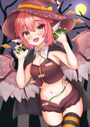 Rule 34 | 1girl, adapted costume, animal ears, bird ears, bird wings, blush, breasts, brown hat, detached collar, earrings, full moon, halloween, halloween costume, hat, highres, jewelry, kasoka soka, medium breasts, moon, mystia lorelei, navel, open mouth, pink hair, short hair, single earring, smile, solo, striped clothes, striped thighhighs, thighhighs, touhou, white wings, wings, witch hat, yellow eyes