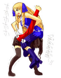 Rule 34 | 00s, 2girls, black legwear, blonde hair, drill hair, fate/hollow ataraxia, fate/stay night, fate (series), luviagelita edelfelt, multiple girls, octopus hold, sitting, sitting on person, submission hold, thighhighs, tohsaka rin, wrestling, yu 65026