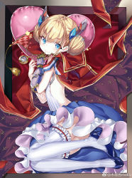 Rule 34 | 1girl, absurdres, azur lane, backless dress, backless outfit, blonde hair, blue eyes, box, cape, double bun, dress, frilled dress, frilled thighhighs, frills, gauntlets, gold trim, hair bun, hair ornament, heart, highres, in box, in container, kikimi, le triomphant (azur lane), looking at viewer, lying, on side, pocket watch, shoes, sidelocks, sleeveless, sleeveless dress, smile, solo, striped clothes, striped thighhighs, thighhighs, vertical-striped clothes, vertical-striped thighhighs, watch, white thighhighs