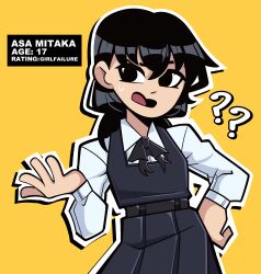 Rule 34 | 1girl, ?, ??, black hair, black ribbon, chainsaw man, character age, character name, dress, fourth east high school uniform, hand on own hip, highres, kermittend, long hair, looking to the side, low twintails, mitaka asa, neck ribbon, open mouth, outline, pinafore dress, ribbon, school uniform, simple background, sleeveless dress, solo, sweatdrop, twintails, white outline, yellow background