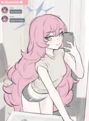 Rule 34 | 1girl, blue archive, breasts, cellphone, english text, fuzake neko, grey eyes, hair between eyes, halo, highres, holding, holding phone, iroha (blue archive), long hair, looking at viewer, midriff, phone, purple halo, red hair, selfie, shirt, shorts, small breasts, smile, solo, t-shirt, taking picture, text messaging, very long hair, wavy hair