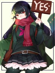 Rule 34 | 1girl, bag, belt, belt buckle, black hair, black pantyhose, blush, breasts, buckle, coat, girls&#039; frontline, green coat, hair ornament, handbag, holding, holding sign, long hair, long sleeves, looking at viewer, mania (fd6060 60), open mouth, overcoat, pantyhose, red eyes, red ribbon, red scarf, ribbon, scarf, school uniform, serafuku, sign, simple background, skirt, solo, strap, type 100 (girls&#039; frontline), upper body, yes
