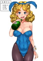 Rule 34 | 1girl, animal ears, bare shoulders, blonde hair, blue eyes, blush, bottle, breasts, cameltoe, cleavage, cleft of venus, covered erect nipples, covered navel, cowboy shot, curly hair, dragon quest, dragon quest iii, drinking, drunk, earrings, eyebrows, fake animal ears, highres, holding, holding bottle, jester (dq3), jewelry, large breasts, legs, leotard, long hair, looking at viewer, makeup, open mouth, pantyhose, playboy bunny, puffy nipples, rabbit ears, sakuradou, shiny skin, simple background, solo, standing, strapless, thighs, wavy hair, white background, wrist cuffs