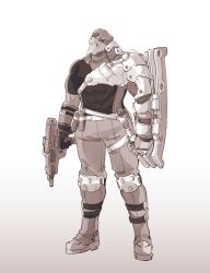 Rule 34 | 1boy, absurdres, belt, boots, clenched hand, full body, gloves, gradient background, greyscale, gun, highres, holding, holding gun, holding weapon, ishiyumi, knee pads, male focus, mechanical arms, mechanical buddy universe, monochrome, pants, science fiction, single glove, single mechanical arm, solo, standing, weapon