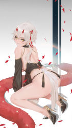 Rule 34 | 1girl, all fours, azur lane, back, bad id, bad pixiv id, bare shoulders, blush, cirilla lin, detached sleeves, ear piercing, feather boa, from behind, full body, hair between eyes, hair ornament, hair ribbon, high heels, highres, horns, kinu (azur lane), legs, looking at viewer, looking back, oni horns, parted lips, pelvic curtain, petals, piercing, red horns, red ribbon, revealing clothes, ribbon, short hair, sideless outfit, silver hair, solo, sparkle, star (symbol), yellow eyes