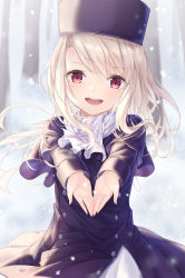Rule 34 | 1girl, :d, blush, capelet, coat, fate/stay night, fate (series), floating hair, forest, fur hat, hat, highres, illyasviel von einzbern, long hair, long sleeves, looking at viewer, nattsu (nattu888 8), nature, open mouth, papakha, purple capelet, purple coat, purple hat, red eyes, silver hair, smile, snowing, solo, white neckwear, winter