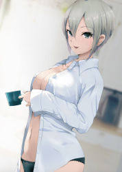 Rule 34 | 1girl, black panties, blush, breasts, collarbone, collared shirt, commentary request, cup, dress shirt, grey eyes, grey hair, hair between eyes, highres, holding, holding cup, idolmaster, idolmaster cinderella girls, large breasts, long sleeves, looking at viewer, navel, no bra, no pants, open clothes, open mouth, open shirt, panties, parted bangs, revision, ryuu., shiomi syuko, shirt, short hair, smile, solo, underwear, white shirt