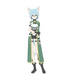 Rule 34 | 10s, 1girl, animal ears, ankle boots, armor, black footwear, black gloves, black ribbon, black shorts, blue eyes, blue hair, boots, breastplate, cat ears, cat tail, fingerless gloves, glasses, gloves, hair ribbon, looking at viewer, midriff, navel, official art, ribbon, short hair with long locks, short shorts, shorts, sidelocks, simple background, sinon, sinon (sao-alo), solo, standing, stomach, sword art online, tail, thigh strap, white background