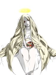 Rule 34 | 1girl, absurdly long hair, bad id, bad pixiv id, blonde hair, chome (umenigiri), dress, feet out of frame, glowing, hair between eyes, halo, holding, holding skull, long hair, looking at viewer, mistress of shelter, open mouth, ragnarok online, red eyes, simple background, sitting, skirt, skull, sleeveless, sleeveless dress, solo, very long hair, white background, white dress, white skirt