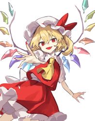 Rule 34 | 1girl, :d, arm up, ascot, back bow, bow, crystal, dot nose, fang, fingernails, flandre scarlet, flat chest, foreshortening, frilled shirt collar, frills, hair between eyes, hat, hat bow, highres, jill 07km, light blush, looking at viewer, mob cap, nail polish, one side up, open mouth, petite, reaching, reaching towards viewer, red bow, red eyes, red nails, red skirt, red vest, sharp fingernails, short hair with long locks, simple background, skirt, skirt set, smile, solo, touhou, vest, white background, wings, yellow ascot