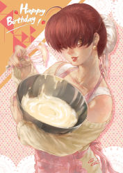 Rule 34 | 1girl, ;), ahoge, alternate hair length, alternate hairstyle, apron, baking, bare shoulders, batter, bowl, brown eyes, brown hair, bun cover, casual, doily, earrings, eyes visible through hair, fingernails, hair bun, hair over eyes, happy birthday, highres, holding, jewelry, lips, lipstick, long fingernails, long sleeves, looking at viewer, makeup, mixing bowl, nail polish, nose, off-shoulder, off-shoulder sweater, off shoulder, one eye closed, parted lips, pink nails, polka dot, polka dot background, shermie (kof), short hair, single hair bun, smile, solo, spade-m, sweater, the king of fighters, upper body, whisk