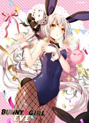 Rule 34 | 1girl, :3, animal ears, bare shoulders, black bow, black bowtie, bow, bowtie, breast hold, breasts, bunting, character name, cleavage, closed mouth, confetti, cube hair ornament, dice hair ornament, doily, elsword, eve (elsword), facial mark, fake animal ears, fishnet pantyhose, fishnets, floral background, gem, hair ornament, hair ribbon, lace background, leotard, long hair, looking at viewer, myoya, pantyhose, pennant, playboy bunny, ponytail, rabbit ears, rabbit tail, ribbon, sleeveless, solo, sparkle, string of flags, striped, striped background, tail, text focus, very long hair, white hair, wrist cuffs, yellow eyes, yellow ribbon