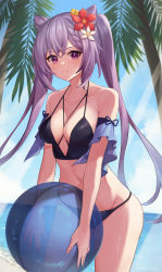 Rule 34 | 1girl, absurdres, ball, beach, bikini, blue sky, braid, breasts, cleavage, closed mouth, cloud, commentary request, cone hair bun, day, double bun, flower, genshin impact, hair bun, hair flower, hair ornament, highres, holding, holding ball, keqing (genshin impact), light smile, medium breasts, navel, ocean, outdoors, palm tree, pizza (pizzania company), purple eyes, purple hair, sky, smile, solo, standing, summer, swimsuit, thighs, tree, twintails