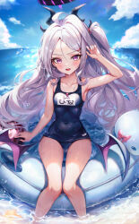 Rule 34 | 1girl, black horns, black one-piece swimsuit, blue archive, breasts, day, demon horns, demon wings, halo, hina (blue archive), hina (swimsuit) (blue archive), horns, innertube, long hair, looking at viewer, multiple horns, name tag, ocean, official alternate costume, one-piece swimsuit, open mouth, outdoors, purple eyes, school swimsuit, small breasts, solo, swim ring, swimsuit, very long hair, water, whistle, whistle around neck, white hair, wings, woodazi