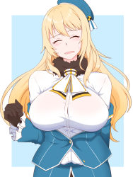 Rule 34 | 1girl, ascot, atago (kancolle), beret, black gloves, blonde hair, blue hat, blue jacket, breasts, closed eyes, frilled sleeves, frills, gloves, hat, highres, jacket, kantai collection, lactone, large breasts, long hair, military, military uniform, off shoulder, shirt, solo, uniform, white ascot, white shirt