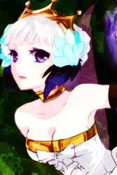 Rule 34 | 1girl, bare shoulders, breasts, choker, cleavage, crown, dress, feather hair ornament, feathers, gwendolyn (odin sphere), feather hair ornament, ichimatsu shiro, medium breasts, odin sphere, purple eyes, solo, strapless, strapless dress, white hair