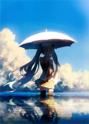 Rule 34 | 1girl, absurdres, armpit crease, bare shoulders, black skirt, black thighhighs, blue hair, blue sky, caustics, closed mouth, clothes lift, cloud, cloudy sky, day, detached sleeves, evening, closed eyes, facing viewer, floating hair, food, hair between eyes, hand up, happy, hatsune miku, highres, holding, holding food, holding umbrella, horizon, legs apart, light particles, light smile, long hair, necktie, outdoors, pleated skirt, radish, reflection, reflective water, rella, ripples, shade, shirt, sidelighting, skirt, skirt lift, sky, sleeveless, sleeveless shirt, solo, standing, sunlight, thighhighs, tie clip, twintails, umbrella, very long hair, vocaloid, wading, water, water surface, water world, wind, wind lift, zettai ryouiki