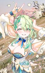 Rule 34 | 1girl, absurdres, antlers, armpits, barefoot, blue nails, blue ribbon, blush, braid, braided bangs, breasts, ceres fauna, cleavage, flower, fox shadow puppet, green hair, gurumie, hair flower, hair ornament, hair over one eye, hand on own head, highres, hill, hololive, hololive english, horns, large breasts, long hair, long sleeves, looking at viewer, mole, mole under eye, nail polish, petals, raised eyebrows, ribbon, solo, virtual youtuber, white flower, yellow eyes