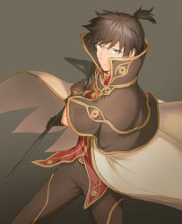 Rule 34 | 1boy, black eyes, brown background, brown capelet, brown gloves, brown hair, brown pants, cape, capelet, closed mouth, commentary request, cowboy shot, glasses, gloves, high ponytail, looking at viewer, male focus, natsuya (kuttuki), pants, ragnarok online, rectangular eyewear, red shirt, shirt, short hair, short ponytail, solo, white cape, wizard (ragnarok online)