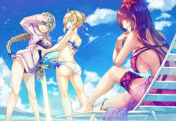 Rule 34 | 3girls, :o, ;d, ahoge, arm up, artoria pendragon (all), artoria pendragon (fate), artoria pendragon (swimsuit archer) (fate), artoria pendragon (swimsuit archer) (first ascension) (fate), ass, bare back, bare shoulders, beach, bikini, blue bow, blue eyes, blue ribbon, blue sky, bow, braid, breasts, bridal garter, chair, cloud, cloudy sky, day, excalibur (fate/stay night), fate/apocrypha, fate/grand order, fate (series), hair bow, hair ribbon, halterneck, headpiece, hood, hoodie, jeanne d&#039;arc (fate), jeanne d&#039;arc (ruler) (fate), jeanne d&#039;arc (white cruising) (fate), kneepits, large breasts, long hair, looking to the side, lounge chair, multiple girls, navel, one eye closed, open mouth, outdoors, planted, planted sword, planted weapon, purple bikini, purple eyes, purple hair, ribbon, saber (fate), saijou haruki, scathach (fate), scathach (fate/grand order), scathach (swimsuit assassin) (fate), sidelocks, single braid, sitting, sky, smile, standing, swimsuit, sword, teeth, thighs, water drop, weapon, white bikini