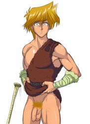 Rule 34 | 1boy, :o, aizenhower, blonde hair, clothes lift, costume, flaccid, foreskin, hairy testicles, jonouchi katsuya, looking at viewer, male focus, penis, pubic hair, simple background, solo, testicles, undressing, yu-gi-oh!