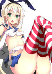 Rule 34 | 10s, 1girl, blonde hair, blush, crossed legs, green eyes, hairband, hand on own chest, highres, kantai collection, kokumu, long hair, open mouth, personification, rensouhou-chan, shimakaze (kancolle), sitting, solo, striped clothes, striped thighhighs, thighhighs, torn clothes