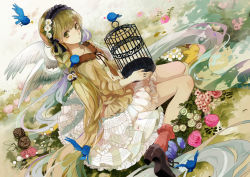 Rule 34 | 1girl, alternate hairstyle, angel wings, birdcage, blonde hair, blush, braid, cage, dress, flower, frilled skirt, frills, hair flower, hair ornament, hatsune miku, long hair, maid headdress, michi (iawei), sitting, skirt, solo, twin braids, twintails, very long hair, vocaloid, wariza, wings, yellow eyes