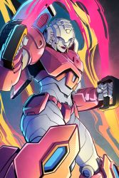 Rule 34 | 1girl, arcee, autobot, blue eyes, cosmicdanger, dual wielding, energy sword, highres, holding, looking down, mecha, no humans, robot, science fiction, smirk, solo, sword, the transformers (idw), transformers, weapon
