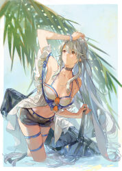 Rule 34 | 1girl, arknights, bag, belt, belt buckle, black bag, blue shorts, breasts, brown belt, buckle, choker, cleavage, closed mouth, collarbone, commentary, english commentary, grey hair, hair between eyes, highres, holding, holding bag, long hair, looking away, medium breasts, navel, noir (ibaraki), off-shoulder shirt, off shoulder, official alternate costume, red eyes, shirt, short shorts, shorts, skadi (arknights), skadi (waverider) (arknights), solo, stomach, very long hair, white shirt