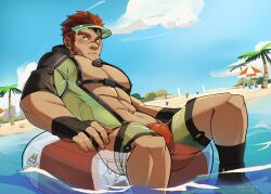 Rule 34 | 1boy, abs, akashi (live a hero), akashi (water bullet) (live a hero), bara, baseball cap, beach, bodysuit, daco choco, day, diving suit, facial hair, framed pectorals, goatee, green bodysuit, green male swimwear, hat, highres, hip vent, innertube, large pectorals, live a hero, male focus, male swimwear, muscular, muscular male, official alternate costume, pectorals, red eyes, red hair, red male swimwear, scar, scar on face, scar on nose, short hair, sky, solo, swim briefs, swim ring, thick eyebrows, water, wetsuit