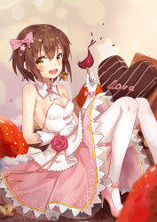 Rule 34 | 10s, 1girl, alternate costume, breasts, brown eyes, brown hair, cake, candy, chocolate, chocolate cake, chocolate heart, cleavage, cup, dress, drinking glass, food, fruit, gloves, hair ribbon, headset, heart, high heels, highres, kantai collection, open mouth, ribbon, short hair, small breasts, smile, solo, speaking tube headset, strawberry, thighhighs, white gloves, white thighhighs, yuhuan, yukikaze (kancolle)