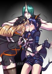 Rule 34 | 3girls, :3, animal ears, arknights, black gloves, black jacket, blonde hair, blue hair, blue jacket, blush, blush stickers, brown legwear, ch&#039;en (arknights), closed mouth, dress, fingerless gloves, forced kiss, gloves, green eyes, green hair, hair over one eye, hair over shoulder, hands up, height difference, highres, horns, hoshiguma (arknights), jacket, long hair, low twintails, multiple girls, navel, necktie, one eye covered, pencil dress, red eyes, ryuusei (mark ii), shirt, short dress, short shorts, shorts, side slit, signature, single horn, skin-covered horns, skindentation, smile, swire (arknights), tail, tall female, thighhighs, twintails, white shirt, wide-eyed, yellow eyes, yellow neckwear, yuri