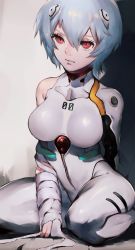 Rule 34 | 1girl, absurdres, artist name, ayanami rei, bandaged arm, bandages, blue hair, bodysuit, breasts, closed mouth, expressionless, eyelashes, hair between eyes, highres, ibuo (ibukht1015), interface headset, large breasts, looking at viewer, neon genesis evangelion, plugsuit, red eyes, short hair, single bare shoulder, sitting, solo, thighs, turtleneck, wariza, white bodysuit