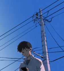 Rule 34 | 1boy, black eyes, black hair, blue sky, blurry, blurry background, cassette player, closed mouth, collared shirt, commentary, day, earphones, expressionless, highres, holding, ikari shinji, kgeroua, male focus, neon genesis evangelion, outdoors, power lines, shirt, short hair, sky, solo, upper body, utility pole, white shirt