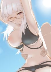 Rule 34 | 1boy, 1girl, alternate costume, armpits, bikini, black bikini, blue sky, blunt bangs, breasts, doggystyle, dutch angle, faceless, faceless male, from below, glasses, heidimarie w. schnaufer, highres, large breasts, long hair, motsunukisuki, navel, nipples, one breast out, one eye closed, red eyes, semi-rimless eyewear, sex, sex from behind, sketch, sky, solo focus, swimsuit, white hair, world witches series